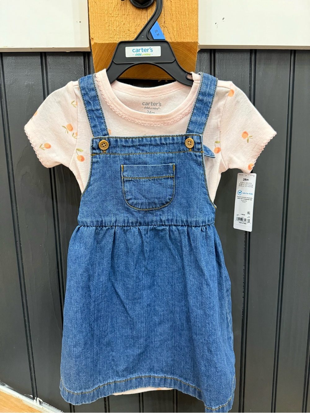 Carter's Pink Peach Print Tee with Blue Denim Overall Dress